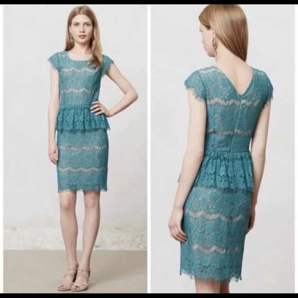 Maeve Dresses & Skirts - Maeve Teal Elsa Full Lace Lined Cap Sleeve Peplum Floral 1/4 Zip Boho Anthro Sm